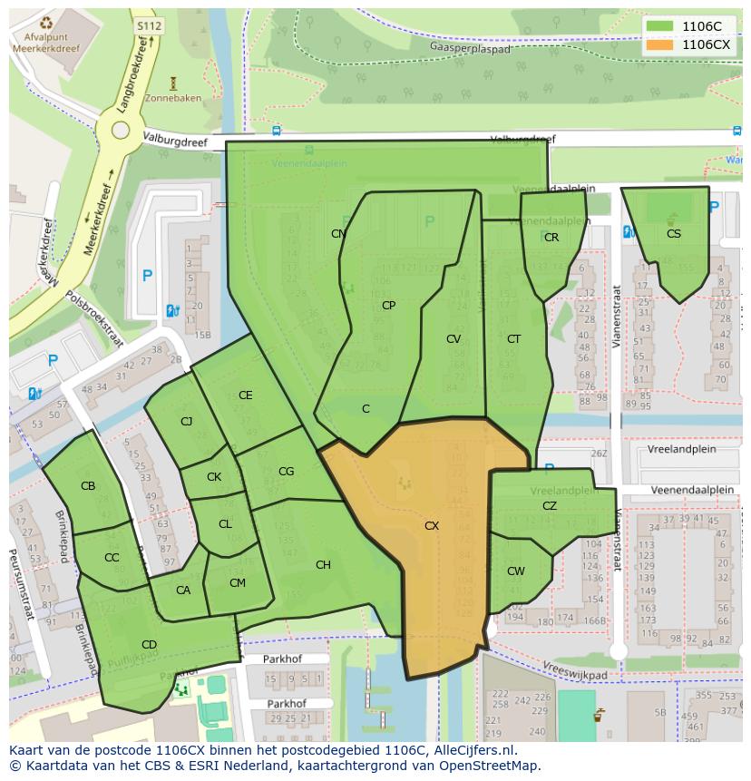 Afbeelding van het postcodegebied 1106 CX op de kaart.