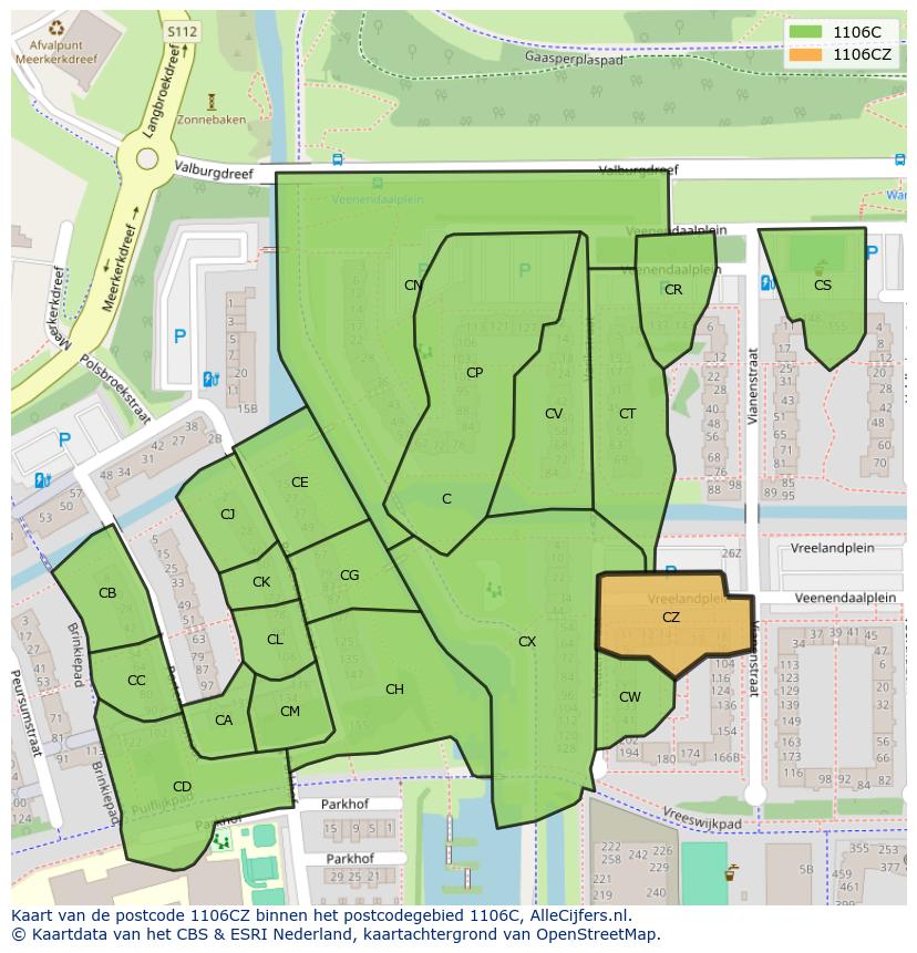 Afbeelding van het postcodegebied 1106 CZ op de kaart.