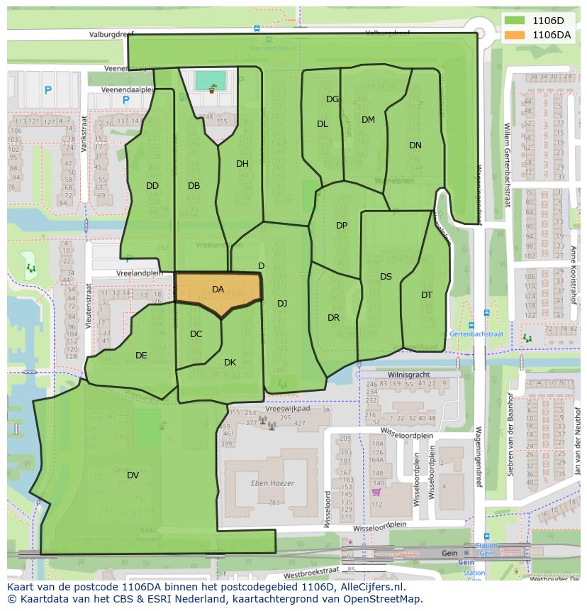 Afbeelding van het postcodegebied 1106 DA op de kaart.