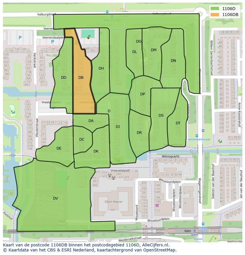 Afbeelding van het postcodegebied 1106 DB op de kaart.
