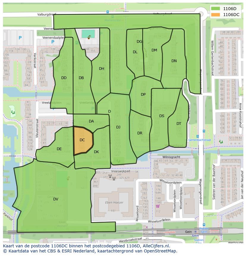 Afbeelding van het postcodegebied 1106 DC op de kaart.
