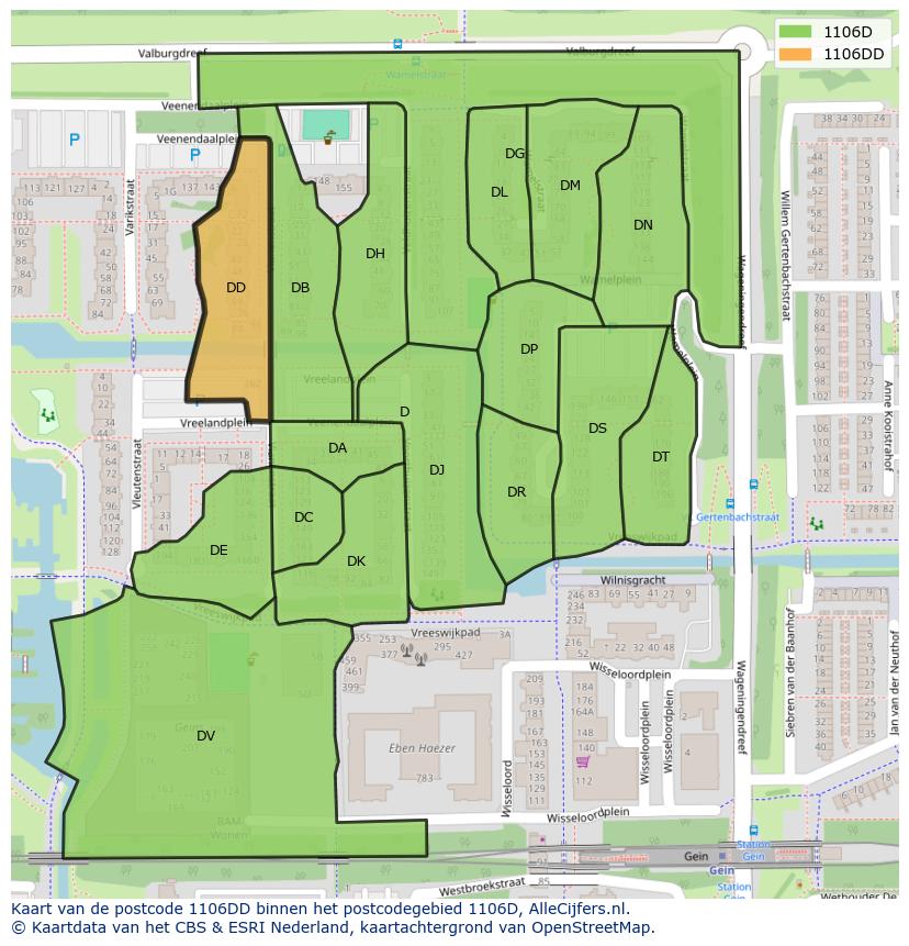 Afbeelding van het postcodegebied 1106 DD op de kaart.