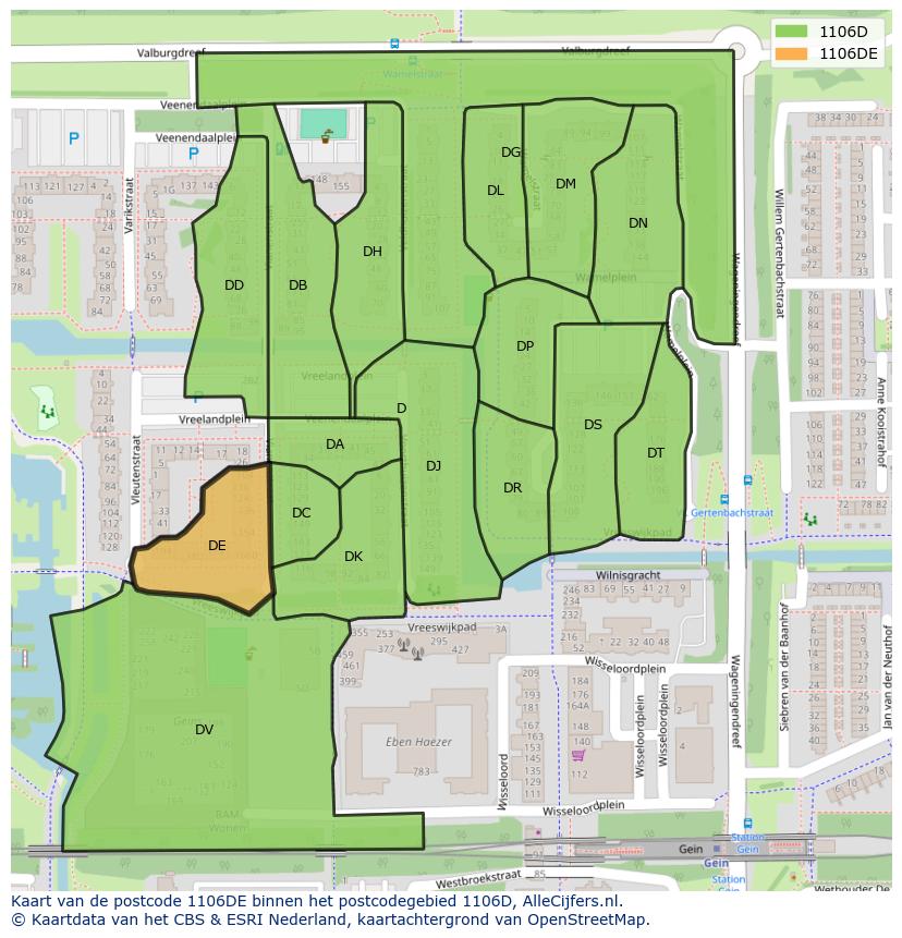Afbeelding van het postcodegebied 1106 DE op de kaart.