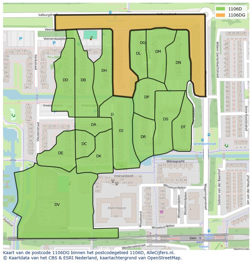 Afbeelding van het postcodegebied 1106 DG op de kaart.