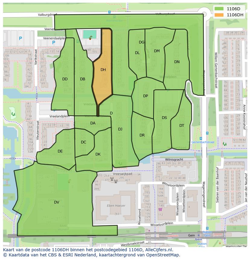Afbeelding van het postcodegebied 1106 DH op de kaart.