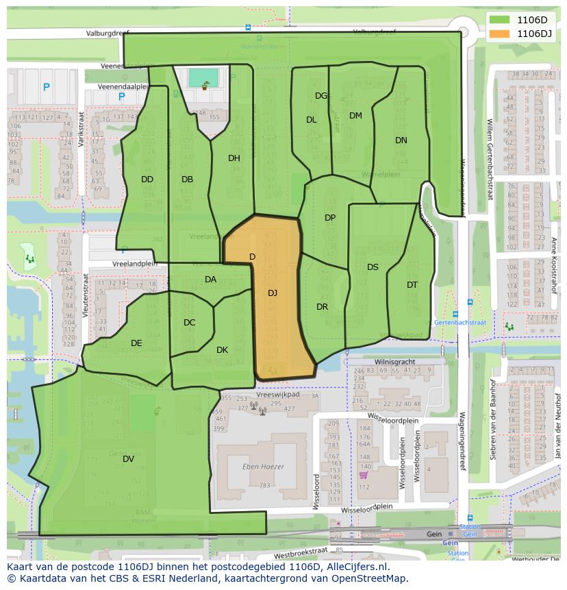 Afbeelding van het postcodegebied 1106 DJ op de kaart.