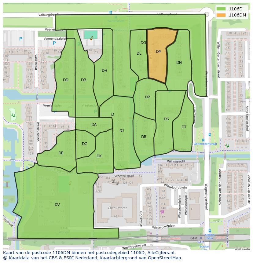Afbeelding van het postcodegebied 1106 DM op de kaart.