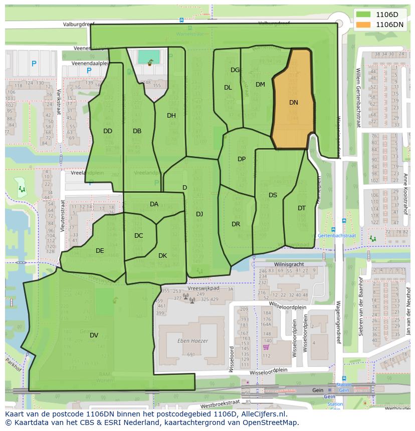 Afbeelding van het postcodegebied 1106 DN op de kaart.