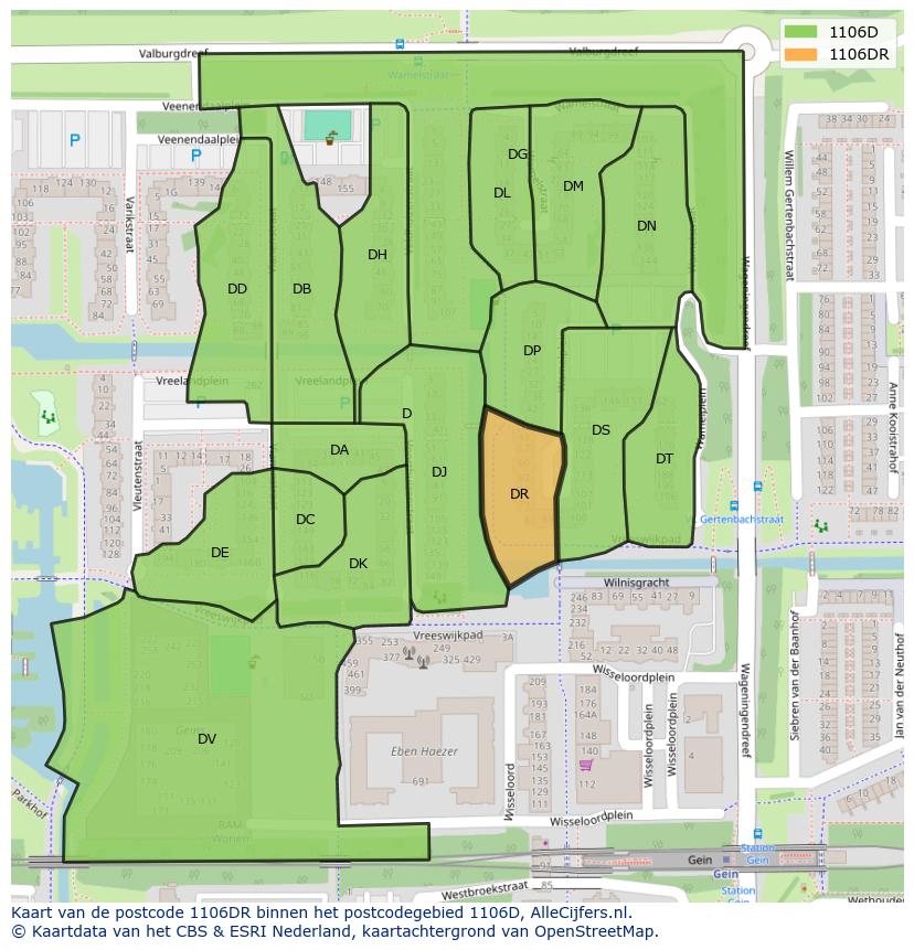Afbeelding van het postcodegebied 1106 DR op de kaart.