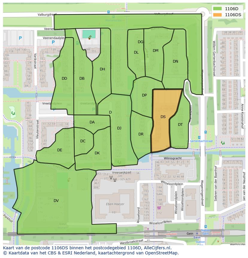 Afbeelding van het postcodegebied 1106 DS op de kaart.