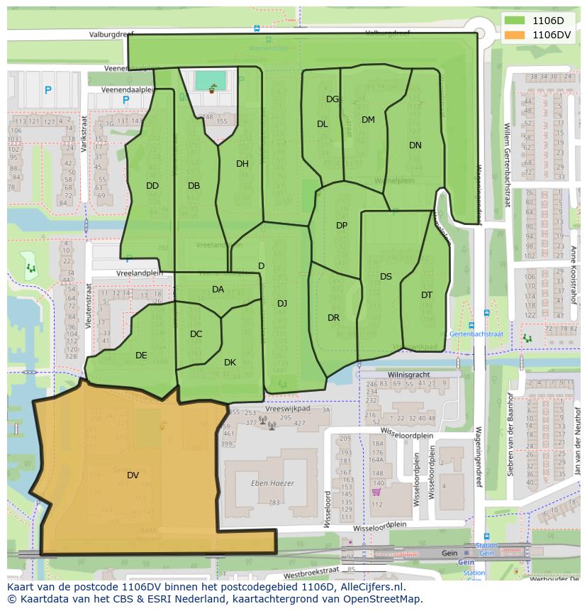 Afbeelding van het postcodegebied 1106 DV op de kaart.