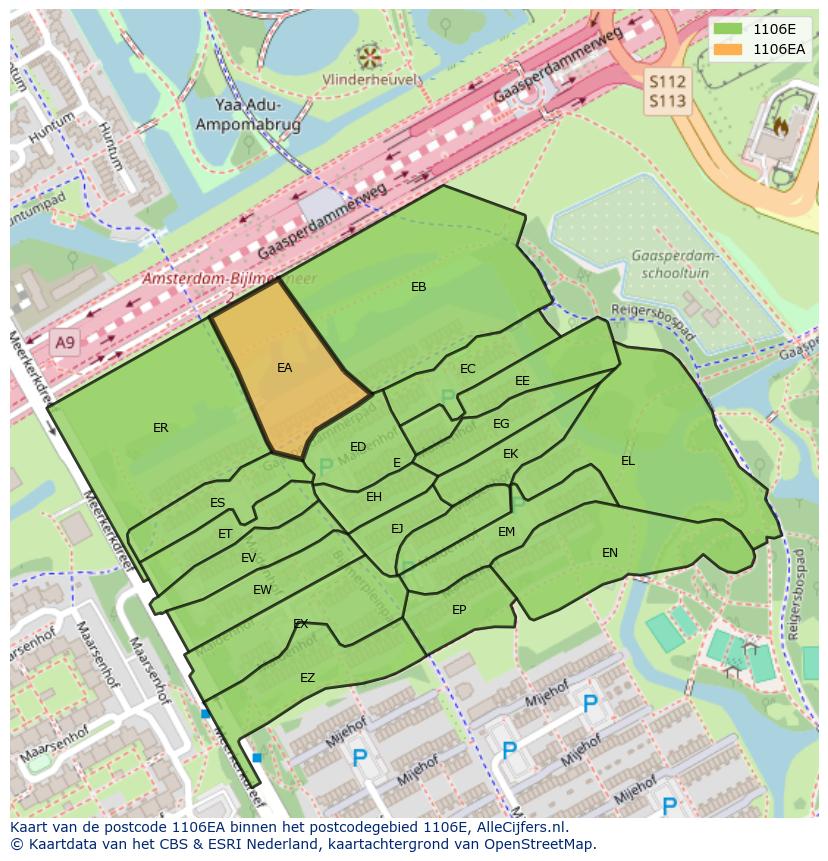 Afbeelding van het postcodegebied 1106 EA op de kaart.