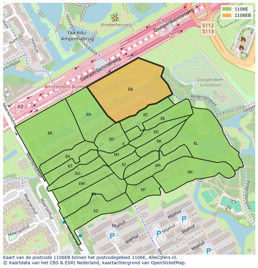 Afbeelding van het postcodegebied 1106 EB op de kaart.