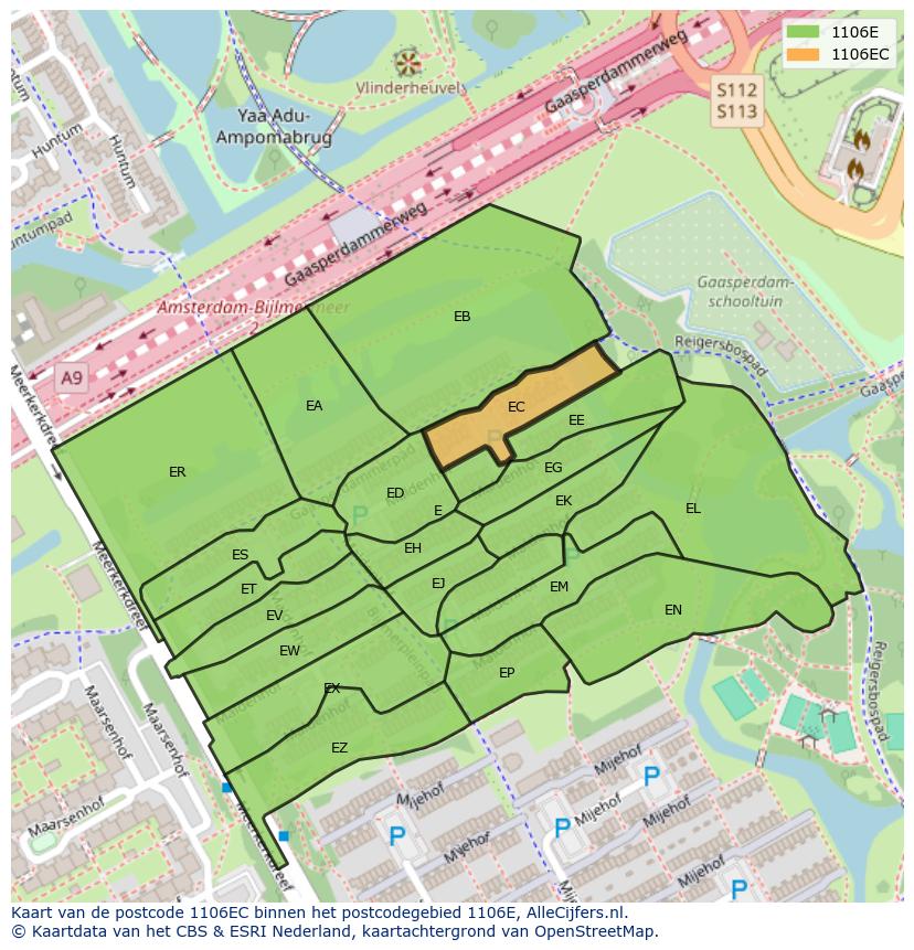 Afbeelding van het postcodegebied 1106 EC op de kaart.
