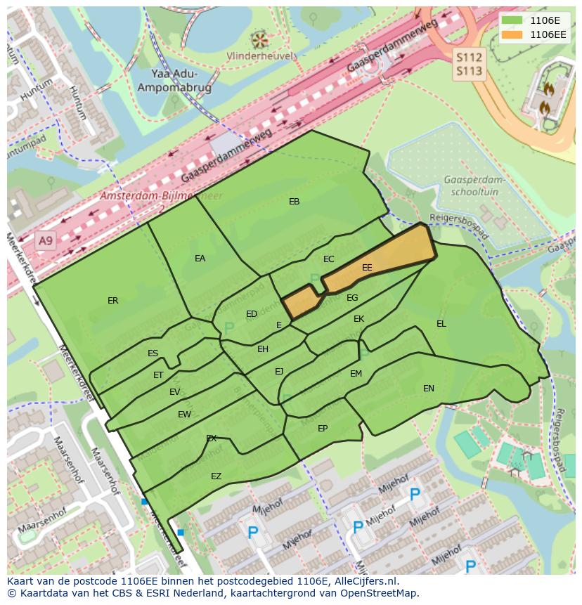 Afbeelding van het postcodegebied 1106 EE op de kaart.