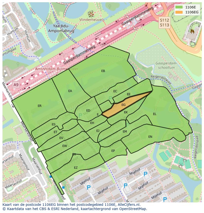 Afbeelding van het postcodegebied 1106 EG op de kaart.
