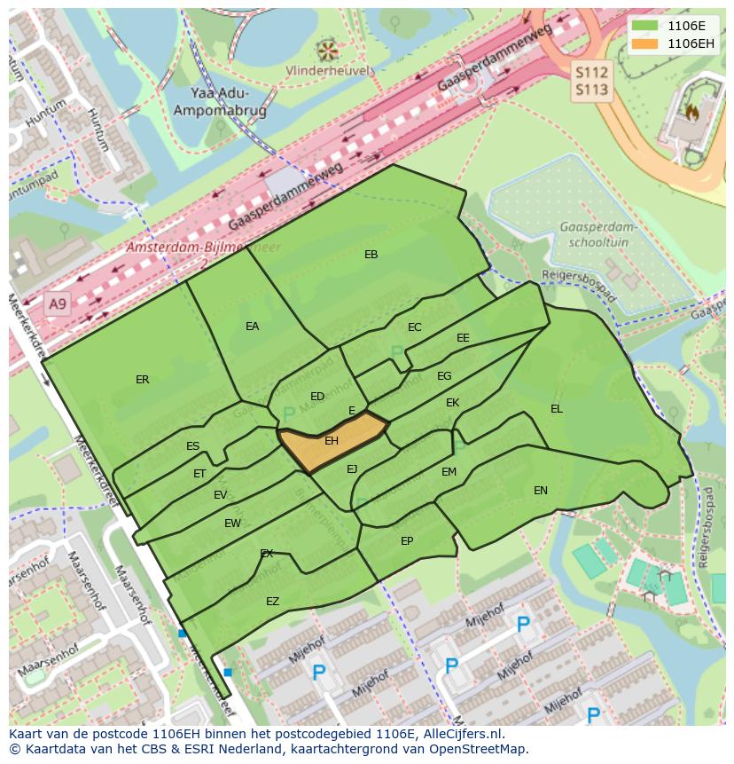 Afbeelding van het postcodegebied 1106 EH op de kaart.