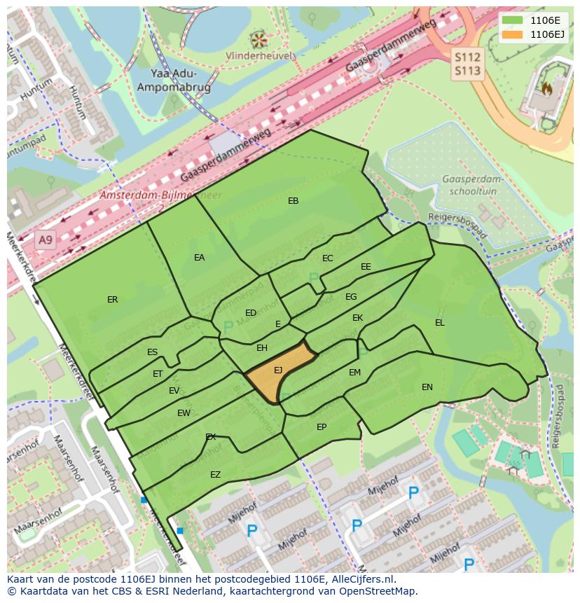 Afbeelding van het postcodegebied 1106 EJ op de kaart.