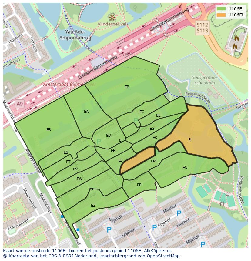 Afbeelding van het postcodegebied 1106 EL op de kaart.