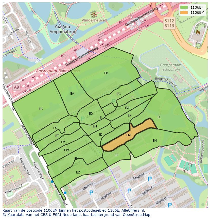 Afbeelding van het postcodegebied 1106 EM op de kaart.