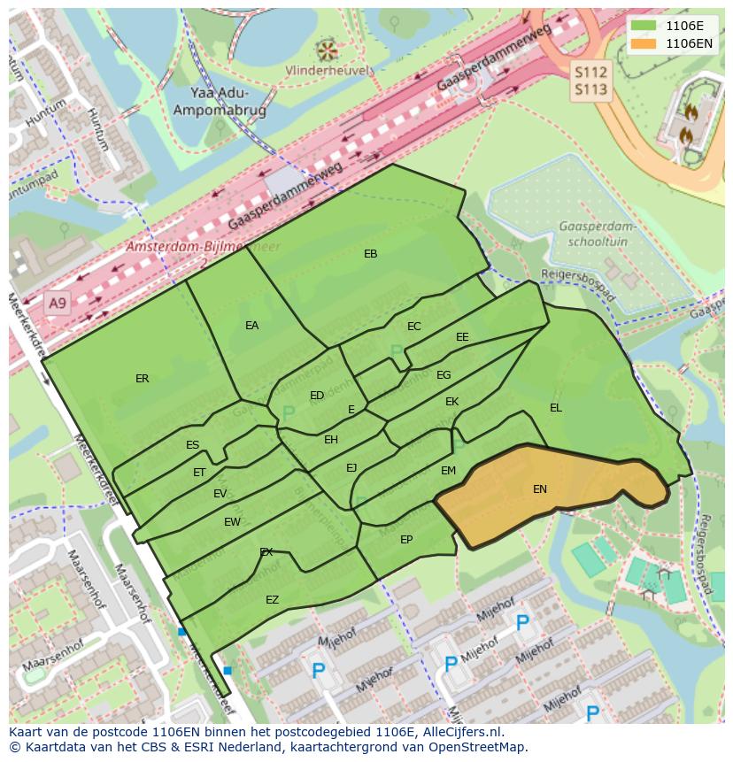 Afbeelding van het postcodegebied 1106 EN op de kaart.