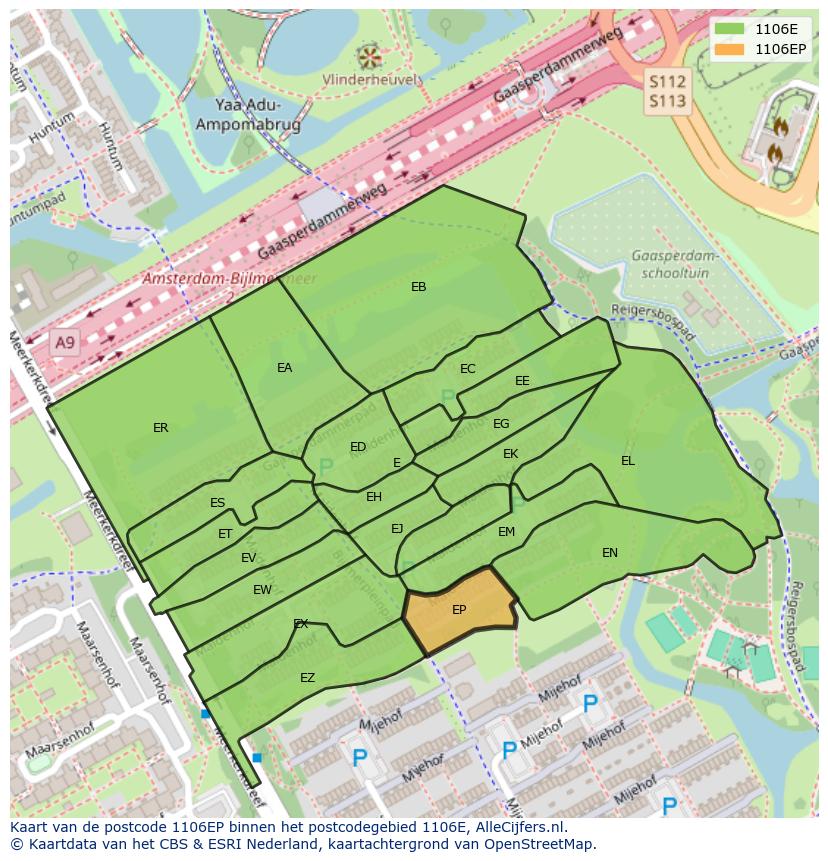 Afbeelding van het postcodegebied 1106 EP op de kaart.