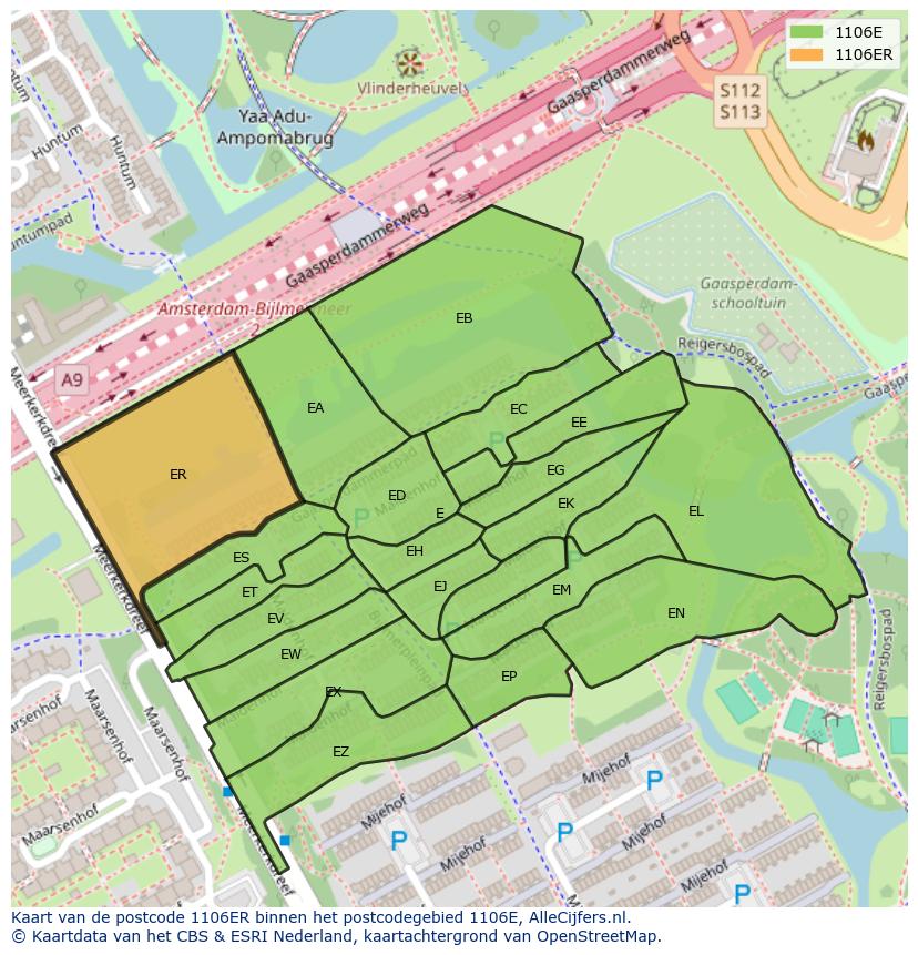 Afbeelding van het postcodegebied 1106 ER op de kaart.