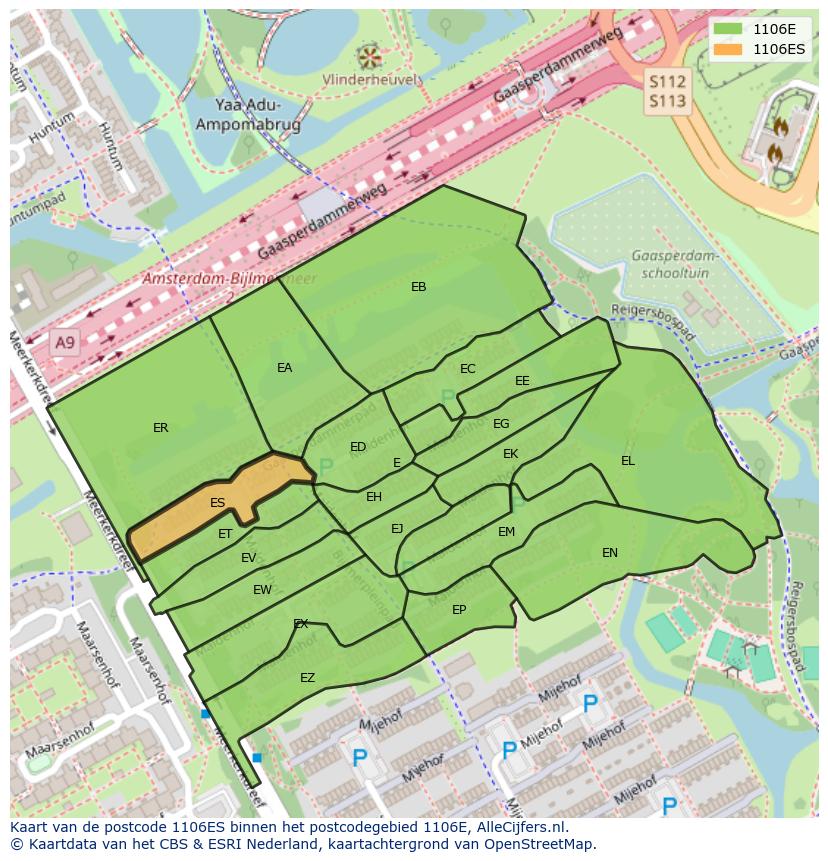 Afbeelding van het postcodegebied 1106 ES op de kaart.