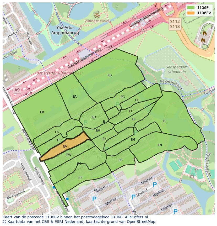 Afbeelding van het postcodegebied 1106 EV op de kaart.