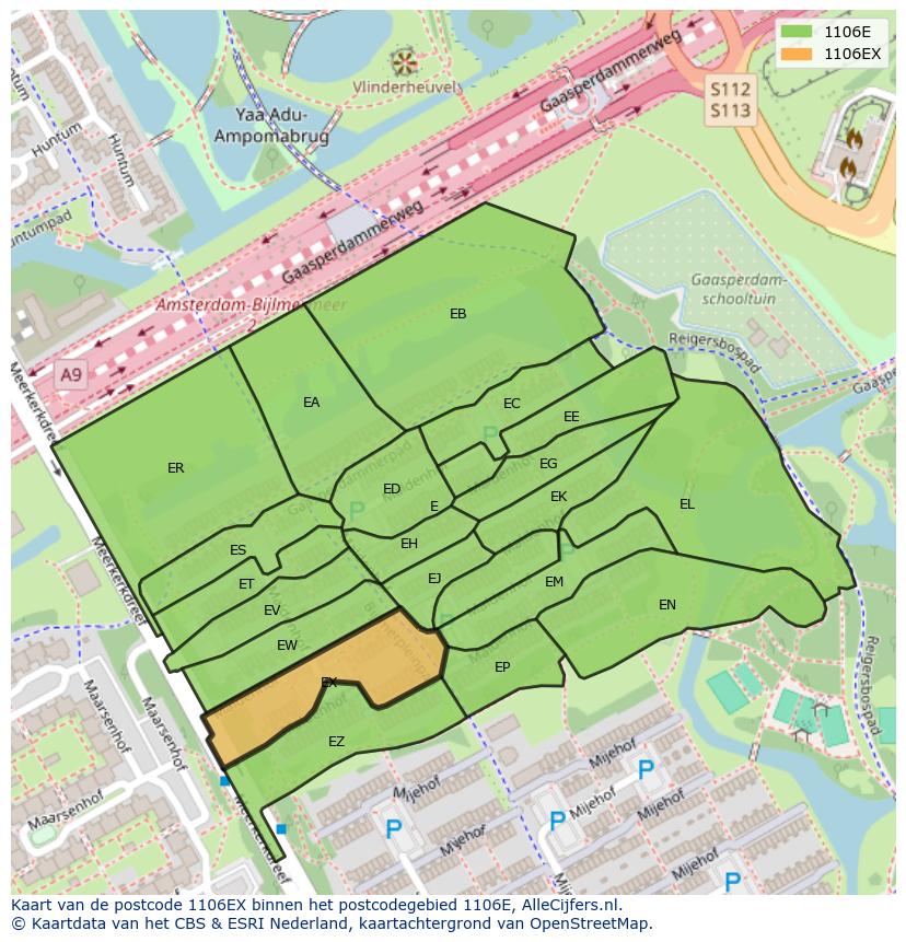 Afbeelding van het postcodegebied 1106 EX op de kaart.