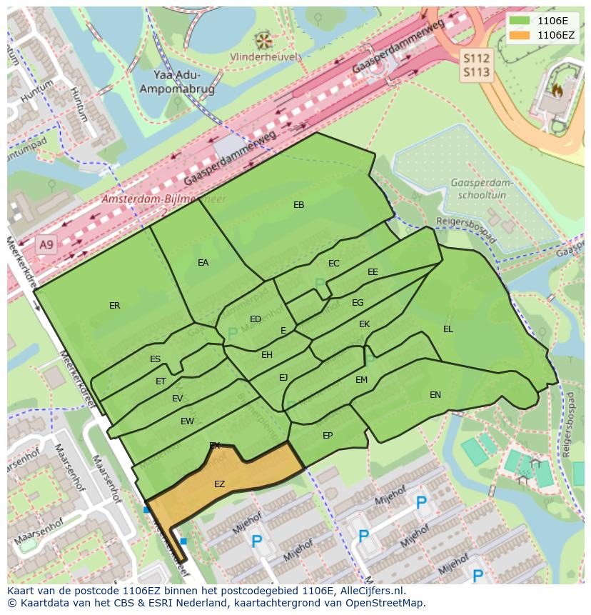 Afbeelding van het postcodegebied 1106 EZ op de kaart.
