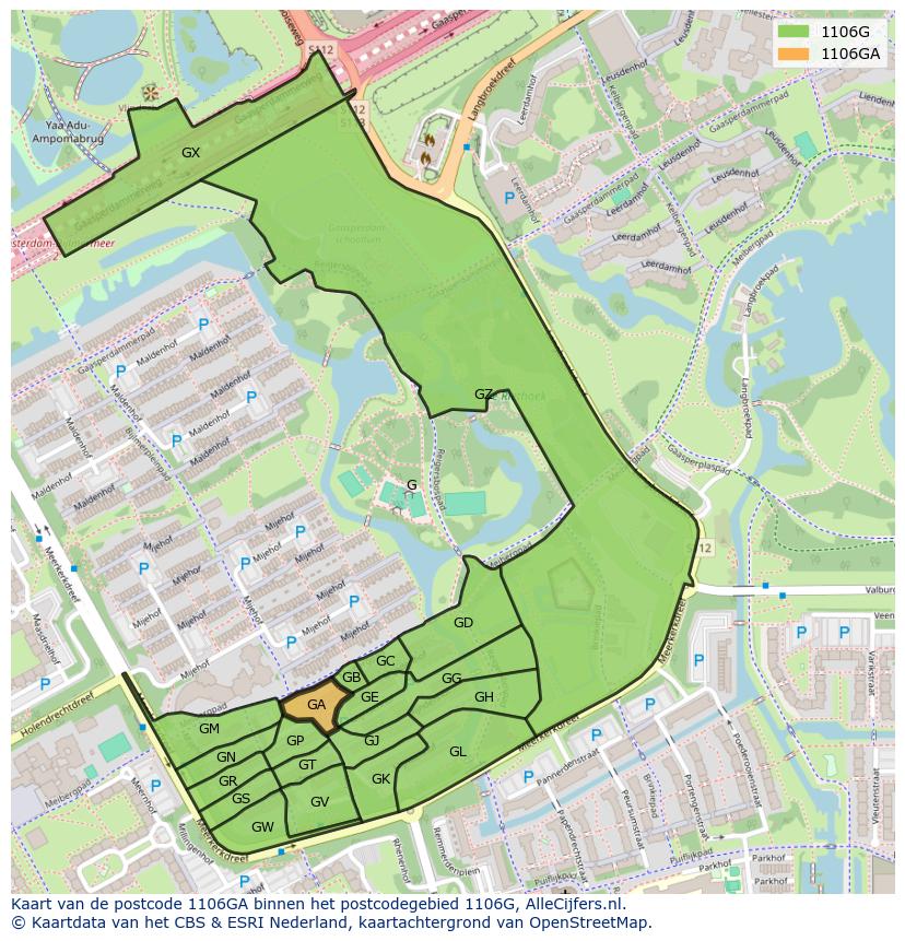 Afbeelding van het postcodegebied 1106 GA op de kaart.