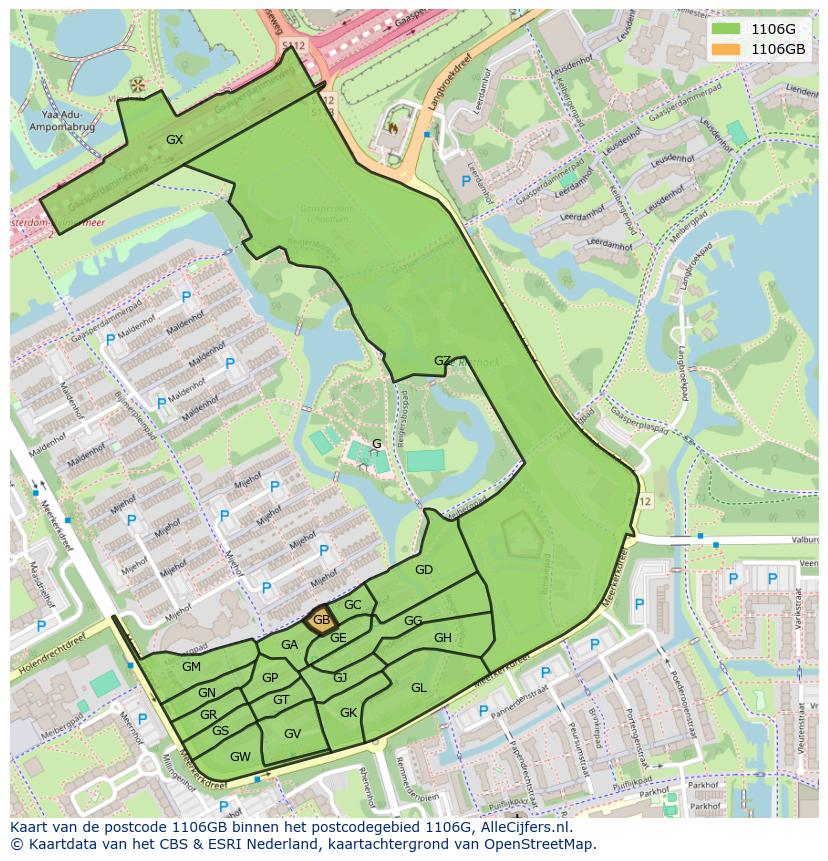 Afbeelding van het postcodegebied 1106 GB op de kaart.