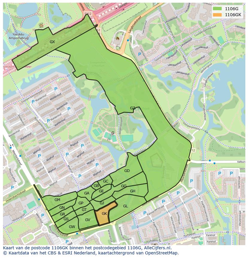 Afbeelding van het postcodegebied 1106 GK op de kaart.