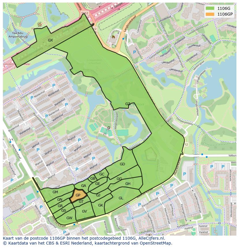 Afbeelding van het postcodegebied 1106 GP op de kaart.
