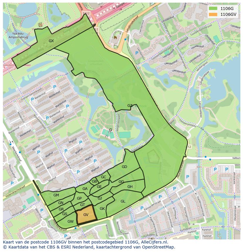 Afbeelding van het postcodegebied 1106 GV op de kaart.