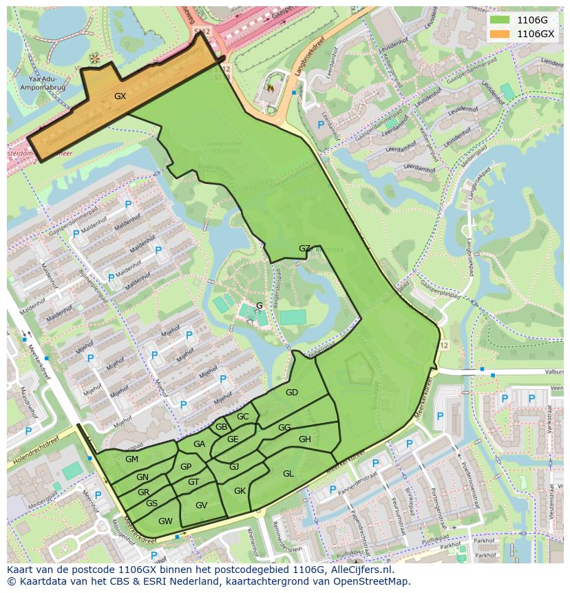 Afbeelding van het postcodegebied 1106 GX op de kaart.