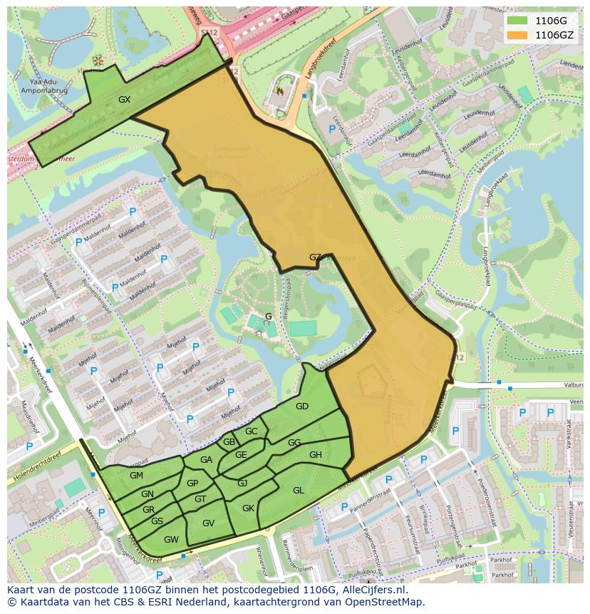 Afbeelding van het postcodegebied 1106 GZ op de kaart.