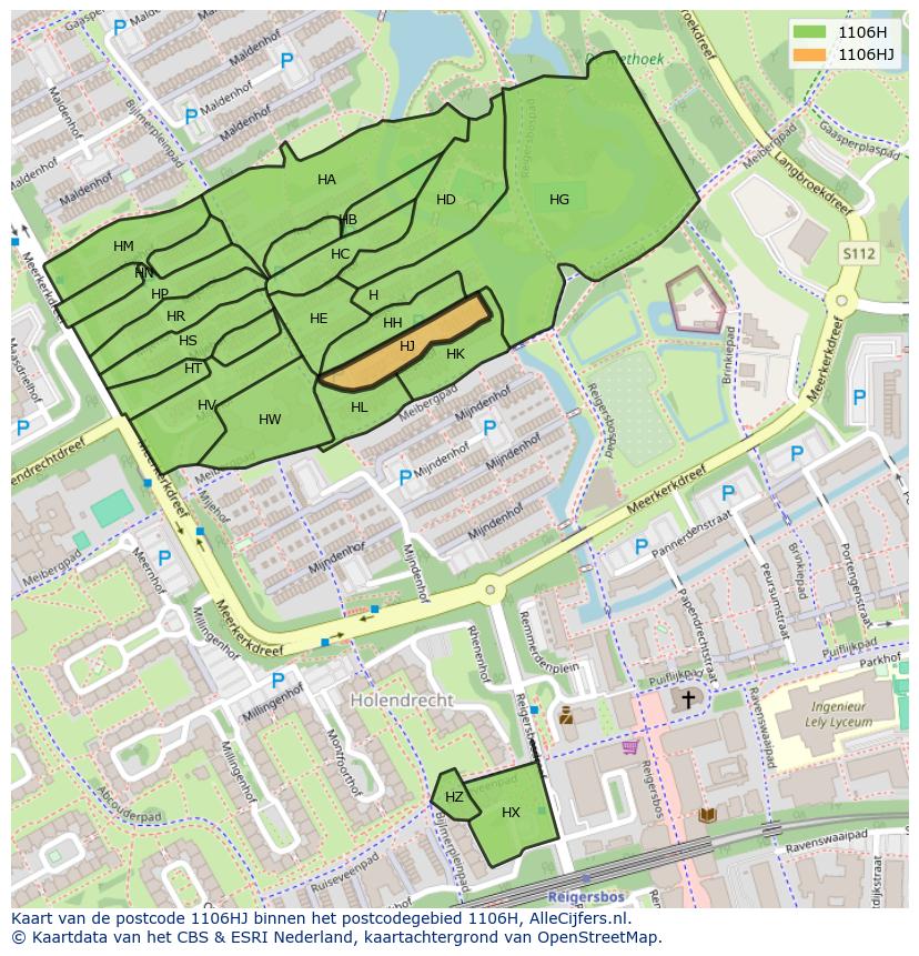 Afbeelding van het postcodegebied 1106 HJ op de kaart.