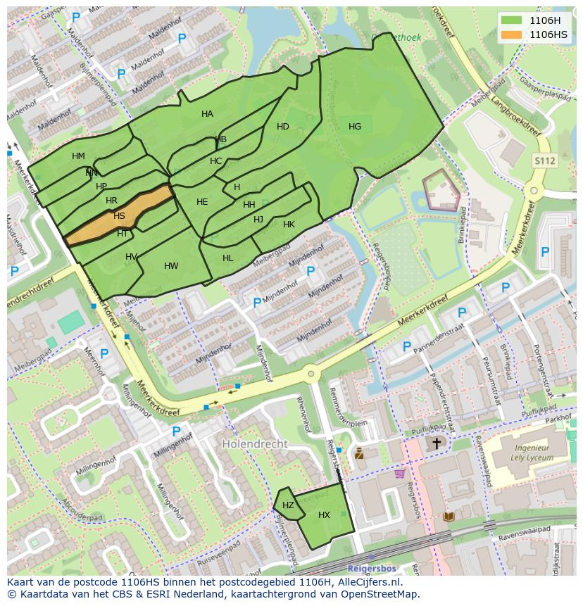 Afbeelding van het postcodegebied 1106 HS op de kaart.
