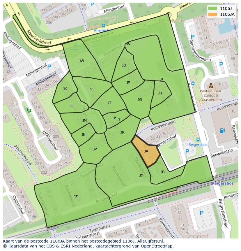 Afbeelding van het postcodegebied 1106 JA op de kaart.