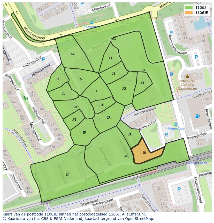 Afbeelding van het postcodegebied 1106 JB op de kaart.