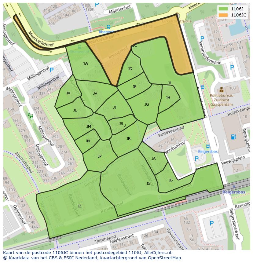 Afbeelding van het postcodegebied 1106 JC op de kaart.