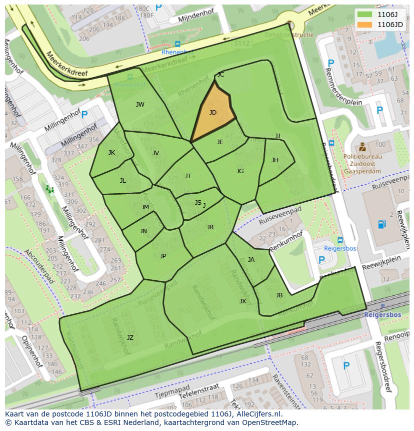 Afbeelding van het postcodegebied 1106 JD op de kaart.