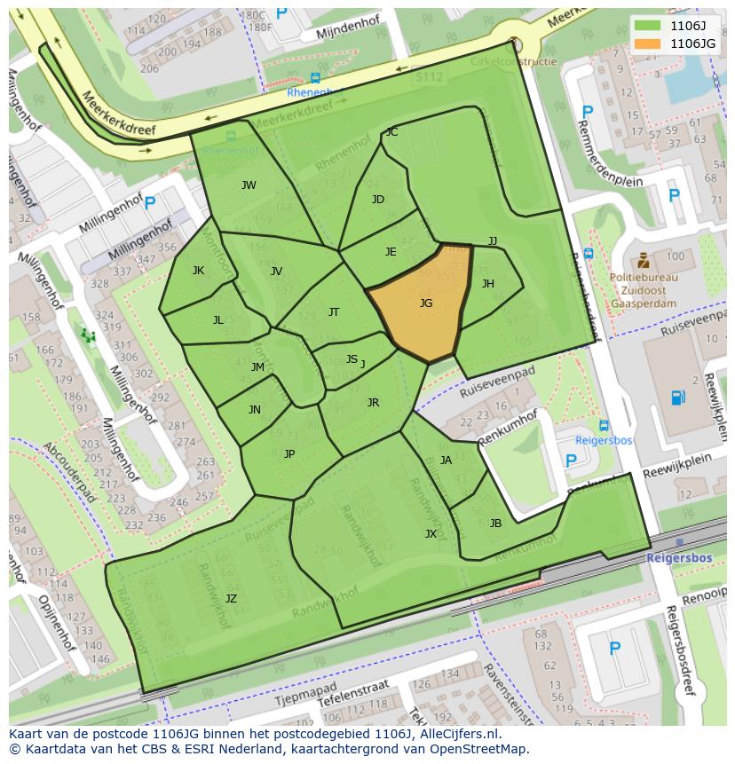 Afbeelding van het postcodegebied 1106 JG op de kaart.