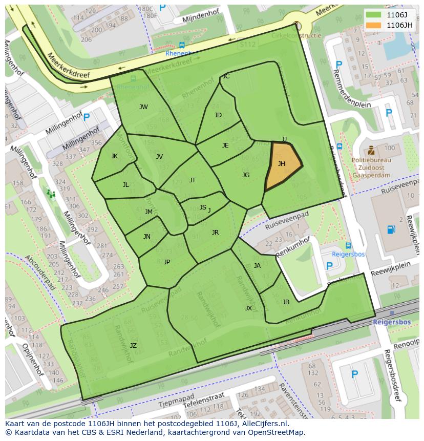 Afbeelding van het postcodegebied 1106 JH op de kaart.