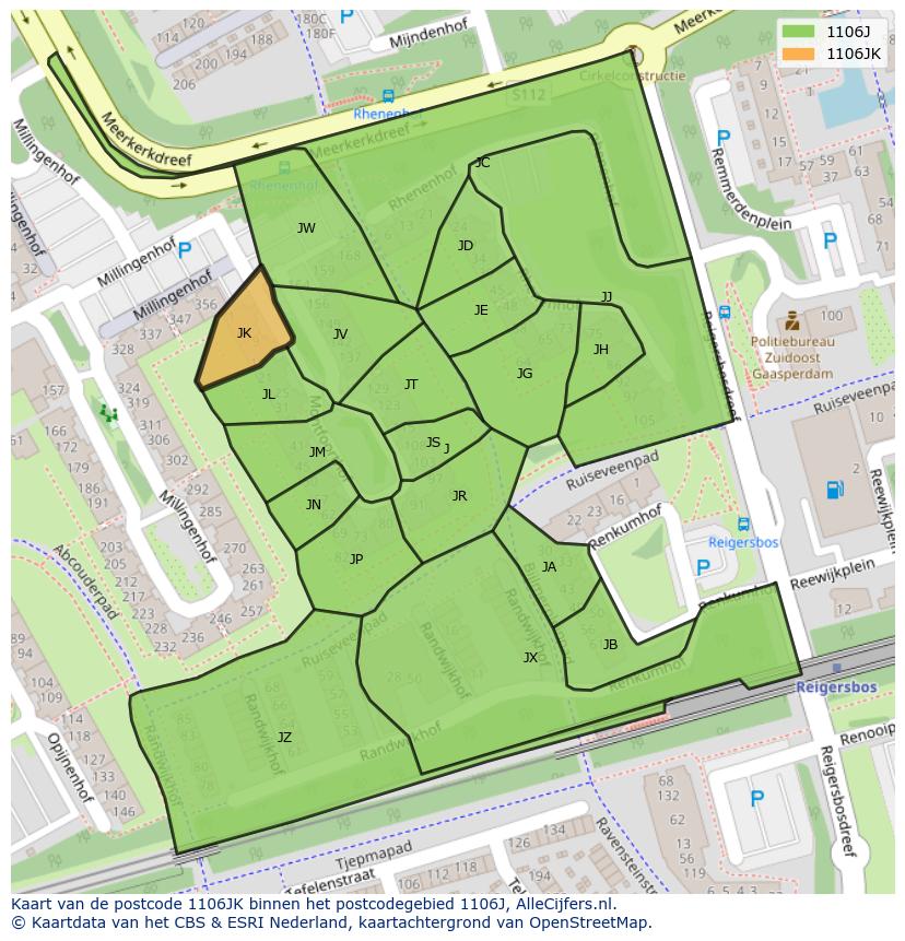 Afbeelding van het postcodegebied 1106 JK op de kaart.