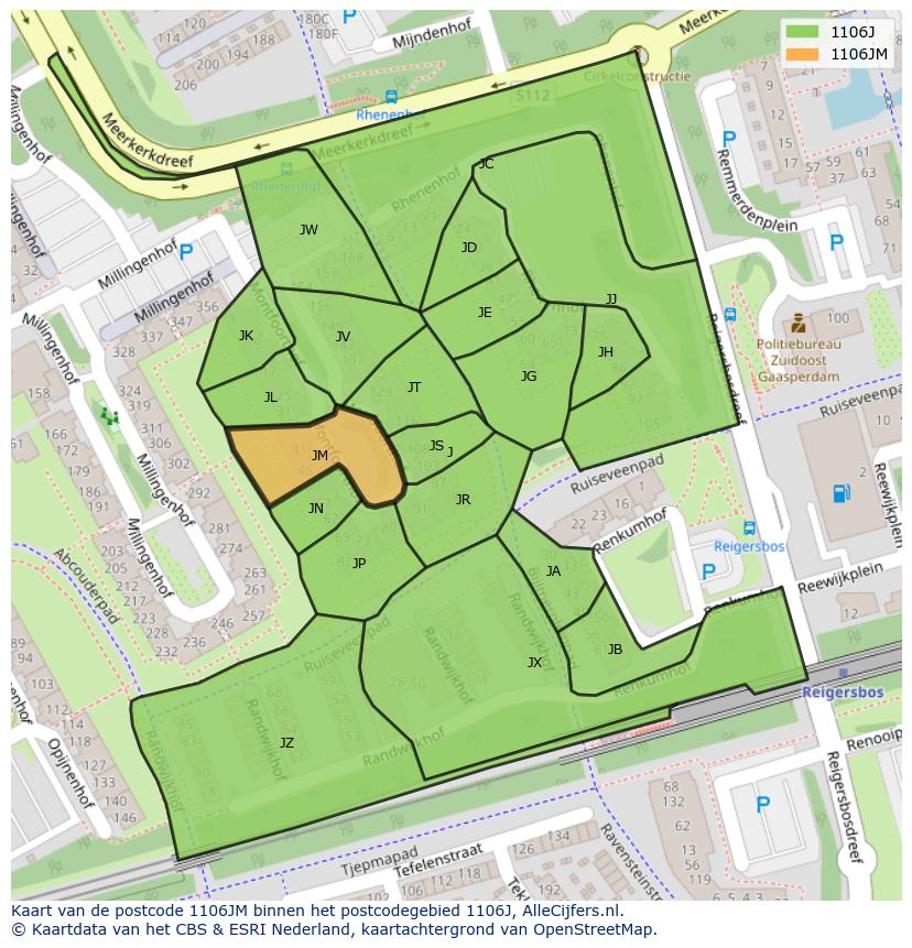 Afbeelding van het postcodegebied 1106 JM op de kaart.