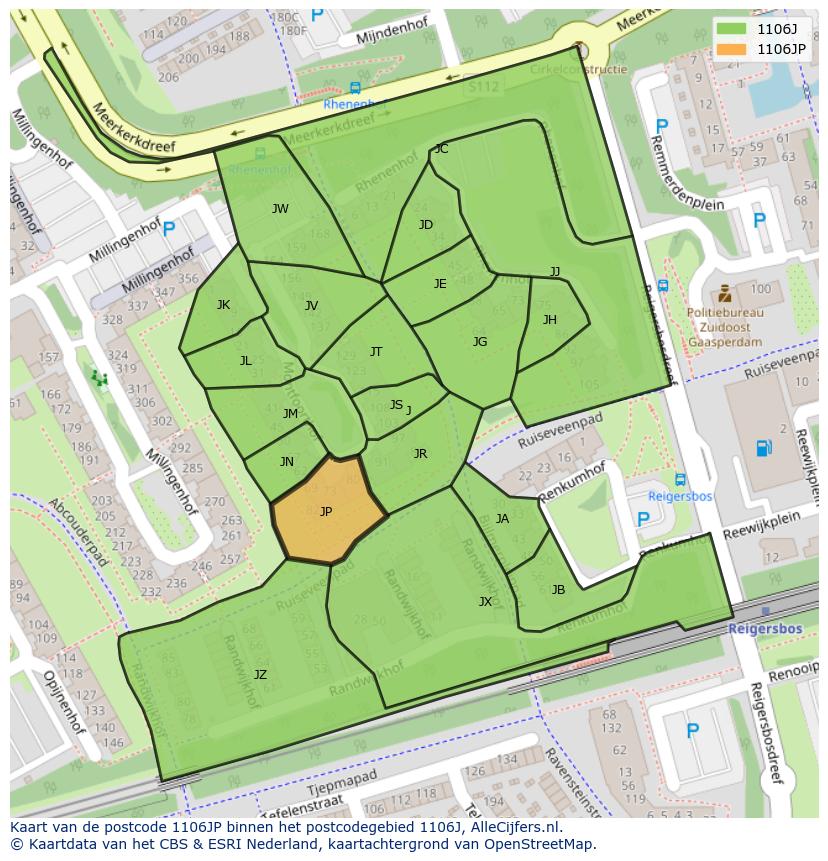 Afbeelding van het postcodegebied 1106 JP op de kaart.