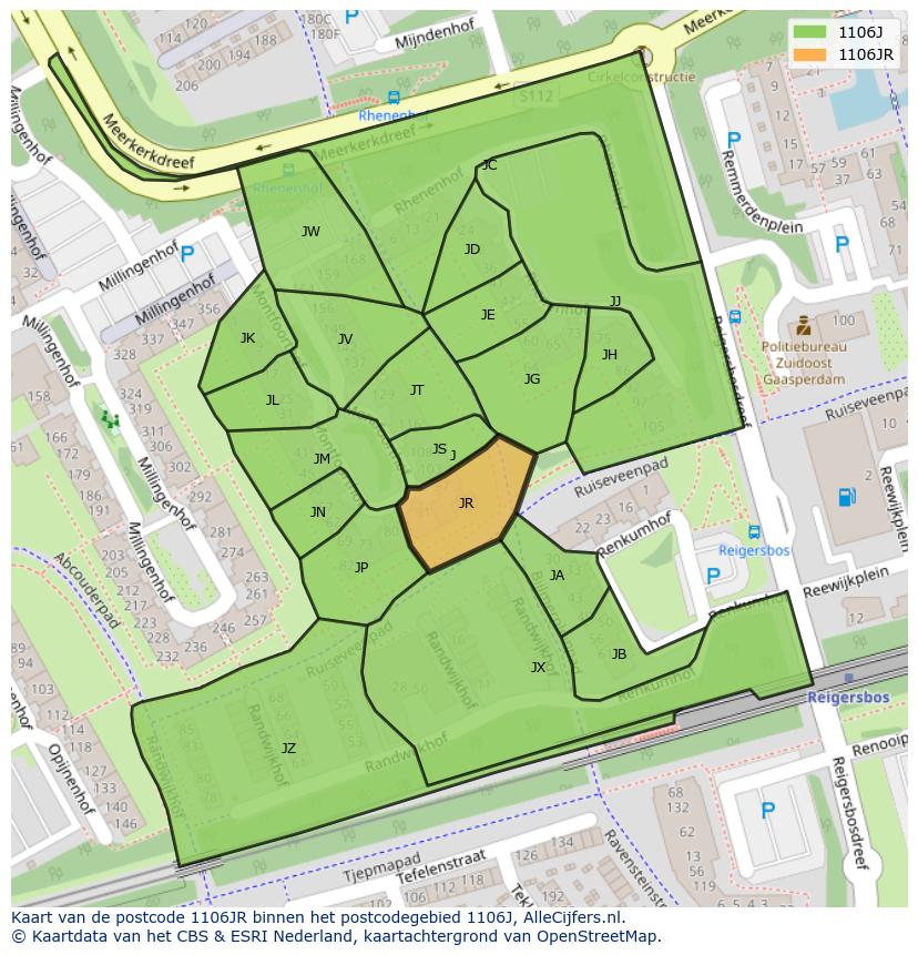 Afbeelding van het postcodegebied 1106 JR op de kaart.